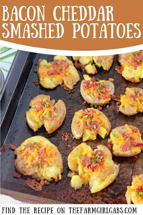 Cheesy Smashed Potatoes Baked, Loaded Smashed Potatoes, Smashed Potatoes Baked, Potato Side Dishes Easy, Peameal Bacon, Loaded Baked Potato Salad, Cheddar Cheese Recipes, Smashed Potatoes Recipe, Potato Side Dish