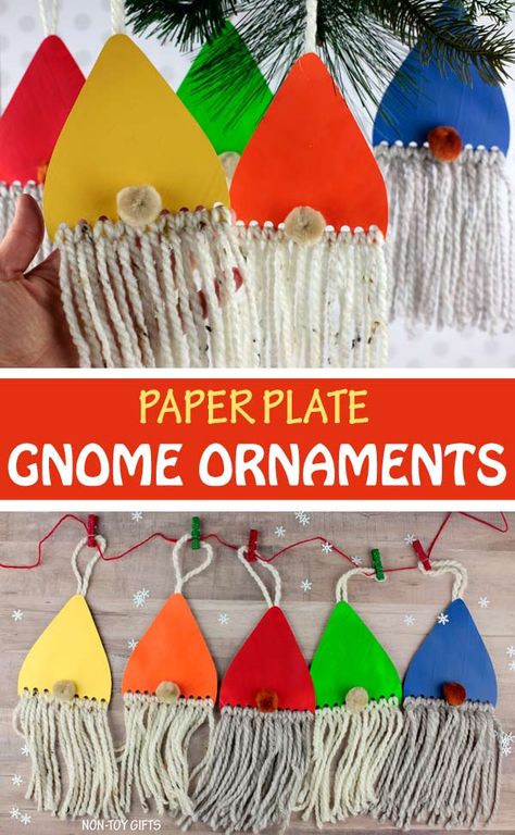 Gnome Ornaments Diy Kids, Tomten Craft For Kids, Paper Plate Crafts For Kids Christmas, Christmas Gnome Craft For Kids, Easy Gnome Ornaments, Paper Ornaments For Kids, Easy Gnomes Crafts, Gnome Ornaments Diy, Xmas Crafts To Make