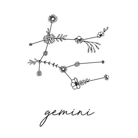 Gemini Floral Tattoo, Gemini Tatoos, Gemini Constellation Tattoo, Gemini Flower, Floral Constellation, Gemini Design, Gemini Tattoos, Floral Zodiac, Gemini Zodiac Tattoos