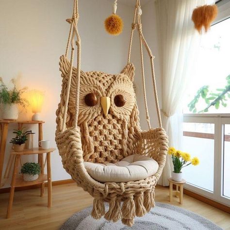 Owl Room, Owl Tutorial, Macrame Hanging Chair, Owl Home Decor, Whimsical Furniture, Macrame Owl, Macrame Knots Pattern, Macrame Wall Hanging Patterns, Owl Crafts