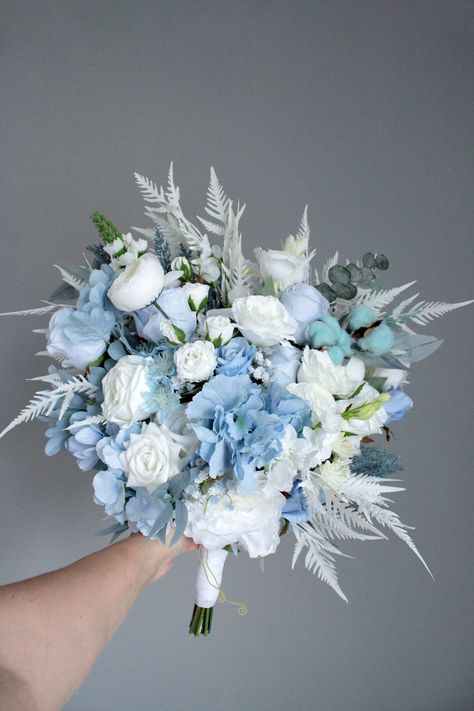 Light Blue And White Flower Bouquet, White Roses Bouquet Wedding, Powder Blue Bouquet, Ice Blue Flower Bouquet, Waterfall Bouquet Wedding Blue, Light Blue Delphinium Bouquet, Bouquet White Roses, Blue Bridal Bouquet, Pocket Boutonniere