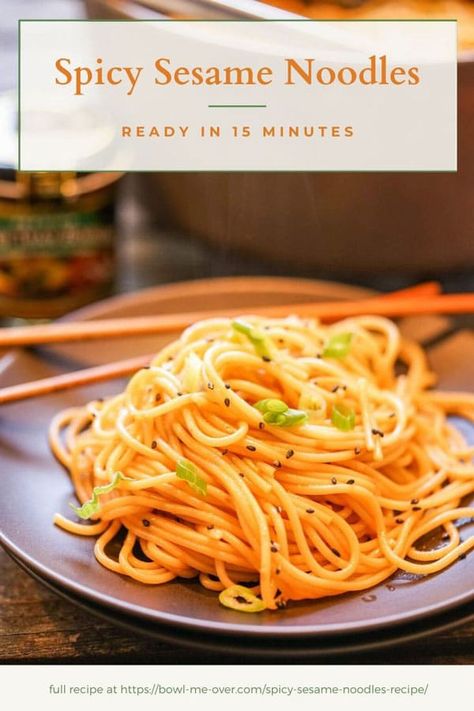 Mealtime is ready in a flash with tons of flavor when you make spicy sesame noodles! Filled with flavor and toasty nuttiness, this easy recipe only takes 15 minutes to make using pantry ingredients. Slurpy and delicious! #15minutemeal #sesamenoodles #easynoodlerecipe #asiannoodles #bowlmeover Spicy Sesame Noodles, Shrimp Tofu, Sesame Noodles Recipe, Yummy Noodles, Noodle Recipes Easy, Sesame Noodles, Better Than Takeout, Butter Pasta, Best Pasta Recipes