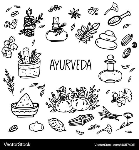 Ayurveda Elements, Ayurvedic Spa, Herbs Illustration, Pestle And Mortar, Massage Stones, Outline Illustration, Herbal Tinctures, Spa Set, 5 Elements