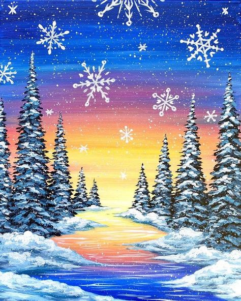 Nail Ideas Unique, Acrylic Painting Unique, Painting Snowflakes, Wine And Paint Night, Nails Unique, Snowflakes Drawing, Winter Drawings, Northern Lights Painting, Painting Parties