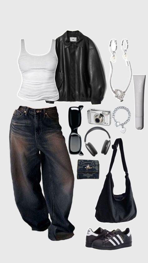 Black leather with white top and silver jewelry outfit Aesthetic Leather Jacket Outfit, Aesthetic Leather Jacket, Street Style Outfits Casual, Leather Jacket Outfit, Outfit Inspo Casual, Trendy Outfits For Teens, Leather Jacket Outfits, Jacket Outfit, Cute Everyday Outfits