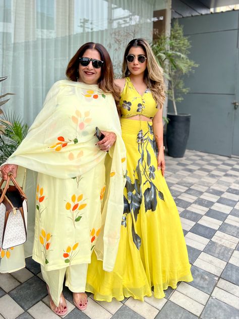 Hand painted outfits Painted Outfits, Haldi Ceremony, Mother Daughter, Hand Painted, How To Wear