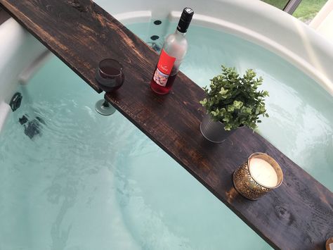 Rustic Wooden hot tub drink Caddy! Dark Walnut stain with wine glass holders Hot Tub Drink Holders, Wooden Hot Tub, Lady Lair, Drink Caddy, Rustic Bath, Pool Room, Bathtub Decor, Hot Tub Garden, Babe Cave