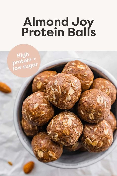 Almond Joy Protein Balls Clean Eating Protein Balls, Protein Balls With Almond Butter, Almond Joy Protein Balls, Protein Almond Butter Balls, Almond Butter Protein Balls, Herbalife Protein, Snack Easy, Protein Balls Recipes, Protein Food