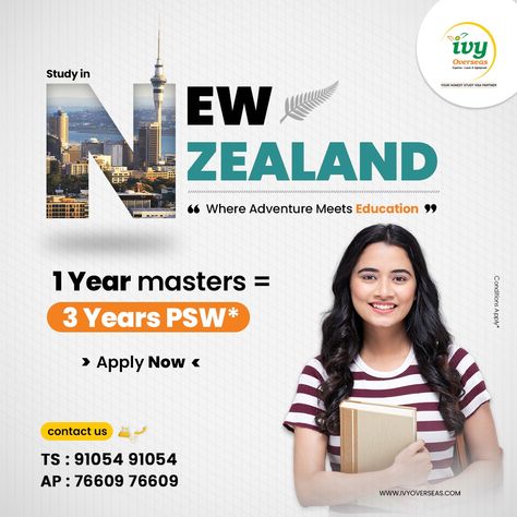 📚 Pursuing a Master's degree in New Zealand opens doors to world-class education and unforgettable experiences.

With a 1-year master's program, you unlock 3 years of Post-Study Work Visa (PSW)

💼Start your Master's journey in New Zealand and embrace a world of opportunities! 🌟

 #StudyinNewZealand #MastersAbroad #PSW #EducationBeyondBorders #InternationalEducation #GlobalEducation #StudentLife
#ExploreTheWorld #StudyNZ #studyabroadfair Best Colleges, Study In New Zealand, Photoshop Design Ideas, Student Visa, Master's Degree, Global Education, Educational Consultant, College Fun, Design Graphics