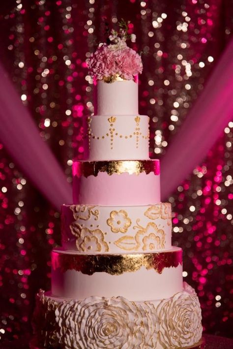 Gold and Blush 6 tier Wedding Cake - Cake by Brandy-The Icing & The Cake Gold And Pink Wedding Cake, 6 Tier Cake, 6 Tier Wedding Cake, Sweet16 Ideas, 6 Tier Wedding Cakes, Blush Wedding Cake, Gold And Blush Wedding, Gold And Pink Wedding, Blush Wedding Cakes