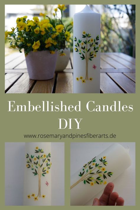 Pillar Candles Decor, Diy Flameless Candles, Embellished Candles, Candle Wraps, Candle Embellishments, Make A Candle, Pillar Candle Decor, Candle Designs, Candles Diy