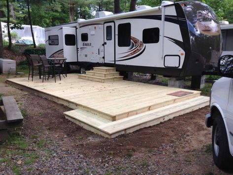 Camper Deck Ideas, Seasonal Campsite Ideas, Camper Decks, Rv Deck Ideas, Rv Decks, Camper Deck, Seasonal Campsite, Porch For Camper, Campsite Decorating