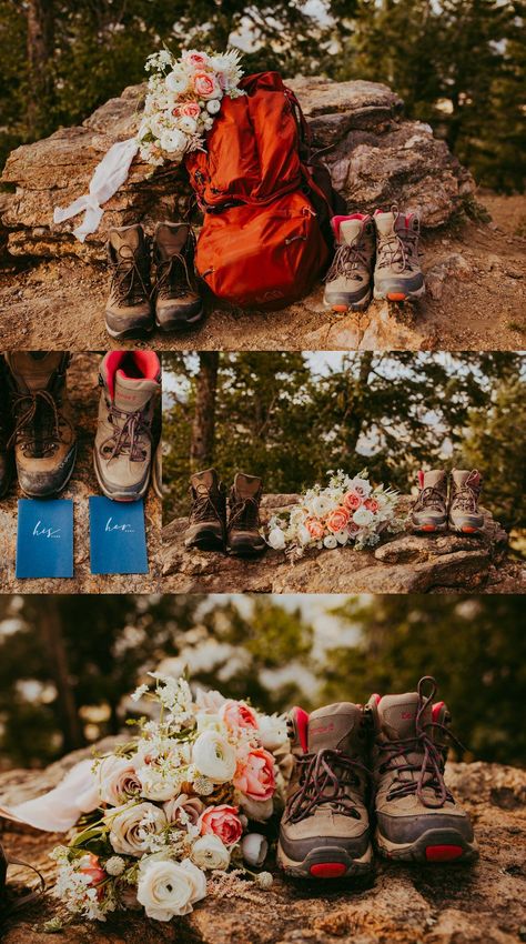 Wedding Dresses With Hiking Boots, Boho Wedding Elopement, Hiking Elopement Photos, Wedding Hiking Boots, Hiking Wedding Photos, Adventure Elopement Ideas, Hiking Elopement Weddings, Elopement Detail Shots, Hiking Wedding Theme