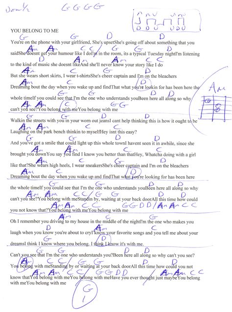 You Belong With Me (Taylor Swift) Guitar Chord Chart - Tune down 1/2 step You Belong With Me Ukulele Chords, You Belong With Me Guitar Chords, Taylor Swift Piano Notes, Gutair Songs, Taylor Swift Guitar Chords, You Belong With Me Taylor Swift, Taylor Swift Ukulele, Guitar Acoustic Songs, Taylor Swift Piano