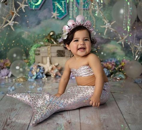 Birthday Backdrops, Mermaid Birthday Party Decorations, Toddler Photoshoot, Mermaid Theme Birthday Party, 1st Birthday Photoshoot, Mermaid Crown, Mermaid Theme Party, Mermaid Outfit, Cake Smash Photography