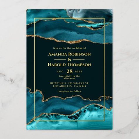 Turquoise and Gold Agate Wedding Foil Invitation Only $3.95 | wedding, trendy, agate, stone, gold, turquoise, blue, teal, geode, precious Turquoise And Gold Wedding, Teal And Gold Wedding, Agate Wedding, Turquoise And Gold, Foil Invitations, Teal And Gold, Invitation Sizes, Event Invitation, Agate Stone