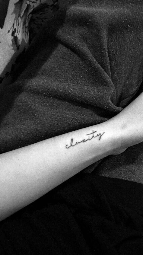 Clarity Tattoo, Protection Tattoo, Minimalistic Tattoos, Fonts Cursive, Tattoo Fonts Cursive, Cursive Tattoos, Word Tattoo, Symbol Tattoo, Angel Wings Tattoo