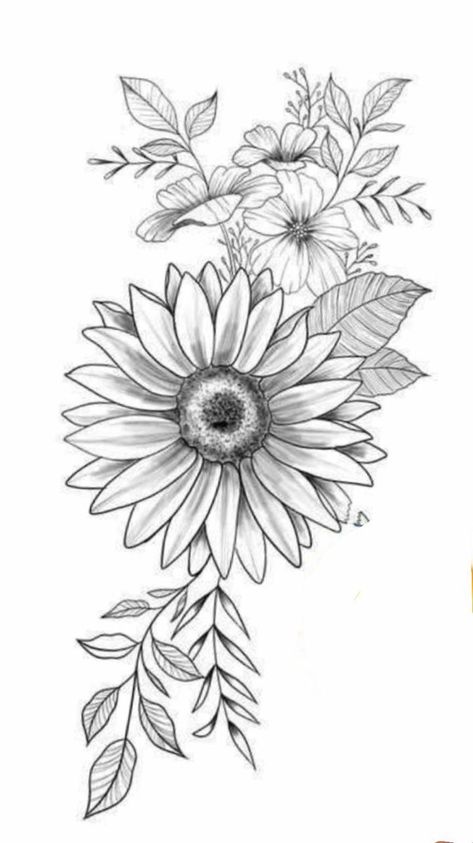 Flower Tattoos Sunflower, Daisy Shoulder Tattoos For Women, Half Butterfly Half Angel Wing Tattoo, Sunflower And Daisy Tattoo, Sunflower Tattoo Sketch, Sunflower Tattoo Design Drawings, Sunflower Tattoo Drawing, Sunflower Drawing Tattoo, Daisy Flower Tattoo Designs