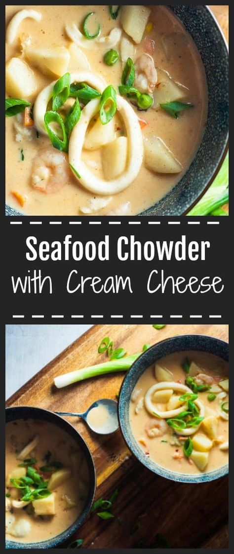 This Seafood Chowder with Cream Cheese is rich and silky with soft melt in your mouth seafood pieces.  It’s a tasty and heart-warming bowl of creamy soup with prawns, salmon, fish, calamari and mussels infused with aromatic garlic, thyme, paprika, parsley and a hint of chilli flakes.  This is a sophisticated soup for grown ups. via @https://au.pinterest.com/sugarfreekitc/my-sugar-free-kitchen-on-the-blog/ Clean Eating Protein, Mixed Seafood Recipe, Quick Clean Eating, Clean Eating Dinners, Creamy Seafood, Seafood Medley, Eating Protein, Healthy Comfort Food Recipes, Seafood Dinner Recipes