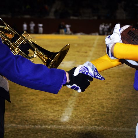 We took this picture at my high school's football game on senior night. A football player with his football and me, a marching band member with my mellophone! Band And Football Couples, Marching Band Boyfriend Aesthetic, Marching Band Photoshoot Ideas, Cute Marching Band Couples, Marching Band Aesthetic Drum Major, Marching Band And Football Couples, Marching Band Couples, Marching Band Pictures, Marching Band Mellophone