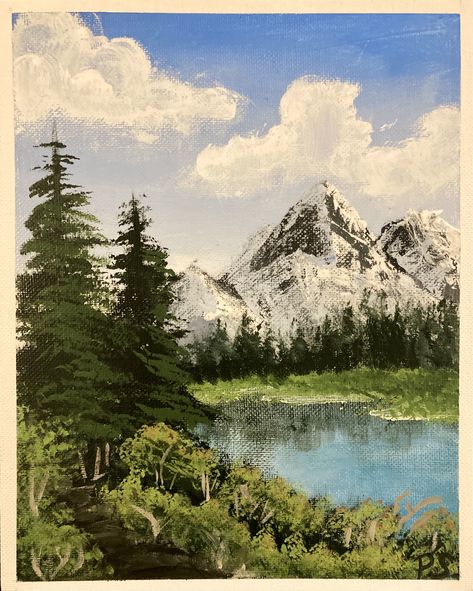 Painting Ideas Bob Ross, Bob Ross Easy Painting, Mountain Tutorial, Bob Ross Tutorial, Bob Ross Landscape, Bob Ross Art, Tutorial Painting, Distant Mountains, Painting In Acrylic