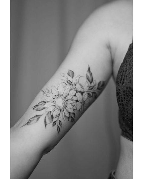 Flower Tattoo Bicep Women, Sunflower Bicep Tattoo, Feminine Inner Bicep Tattoo, Tattoos On Bicep Women, Unique Bicep Tattoo, Under Bicep Tattoo, Women’s Bicep Tattoo, Flower Bicep Tattoo, Forearm Floral Tattoos