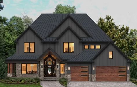 Dark Window Trim Exterior, Woodsy Exterior House Colors, Brick And Batten, Dark Exterior House, House Siding Options, Grey Rock, Lake Vibes, Best Front Doors, Black Houses