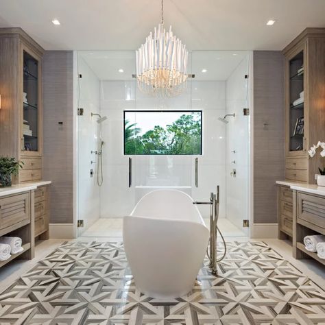 His And Hers Separate Bathrooms - Photos & Ideas | Houzz Separate Vanity Master Bath, Double Vanity Ideas, Neutral Spa, Luxury Master Bath, Freestanding Soaking Tub, Master Suite Bathroom, Recessed Panel Cabinets, Spa Bathroom, Dark Wood Cabinets