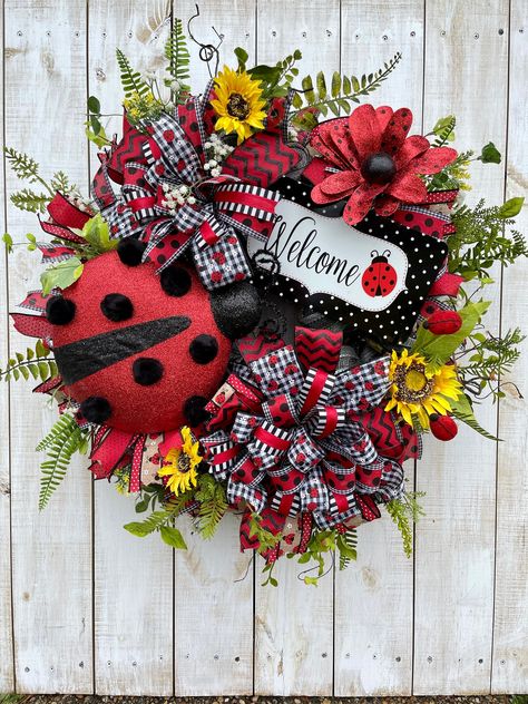 Ladybug Sunflower Welcome sign and Bows everyday all season spring summer wreath for front door porch entrance wall hanging farmhouse decor by Wreathsbysilvia on Etsy Spring Mesh Wreaths, Ladybug Decorations, Ladybug Wreath, Black Wreath, Spring Front Door Wreaths, Modern Wreath, Bee Wreath, Sunflower Wreaths, Welcome Wreath