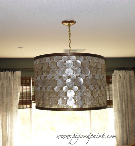 How to Make a DIY Designer Capiz Drum Shade Chandelier Diy Drum Shade, Capiz Shell Chandelier, Diy Drums, Chandelier Diy, Drum Shade Chandelier, Shade Chandelier, Shell Chandelier, Lampshade Chandelier, Diy Chandelier