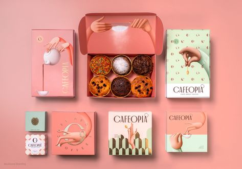 CAFEOPIA (Confectionary) – Packaging Of The World Ice Cream Packaging, Cafe Branding, Innovative Packaging, Brand Character, Human Hands, Luxury Packaging, Design Student, Hand Illustration, Photography Products