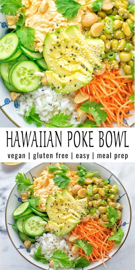 Poke Bowl Meal Prep, Creamy Sriracha Sauce, Meal Prep Vegan, Hawaiian Poke Bowl, Bowl Meal Prep, Hawaiian Poke, Poke Bowl Recipe, White Cabbage, Dinner Meal Prep