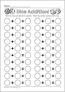 Dice addition worksheets (SB6050) - SparkleBox Dice Addition, Daily Five, Math School, Addition Worksheets, Math Addition, Math Workshop, E Mc2, Homeschool Math, First Grade Math