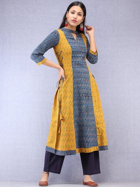 Indigo Mustard Ajrakh Hand Block Printed Cotton Kurta With Side Knots - K203F1536 Side Knot Kurti Designs, Fabric Kurti Design, Printed Kurti Designs, Simple Kurta, Kurti Styles, Design Kurti, Silk Kurti Designs, Tye And Dye, New Kurti Designs