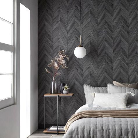 Chevron Wallpaper Bedroom, Grey Wallpaper Bedroom, Dark Gray Bedroom, Dark Grey Wallpaper, Chevron Wallpaper, Grey Bedroom, Simple Bed, Grey Chevron, Grey Bedding