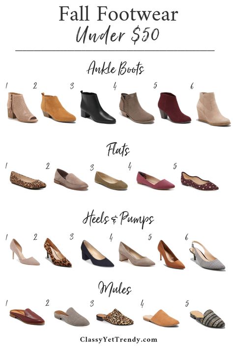 Fall Footwear Under $50 - A few classic and trendy shoes to add to your Fall wardrobe! From suede, to leather, to patterns...footwear to add interest and texture to your outfits. Fall Footwear, Amazon Shoes, Autumn Shoes Women, Fall Winter Shoes, Classy Yet Trendy, Fall Handbags, Spring Capsule Wardrobe, Boots Heels, Fall Accessories