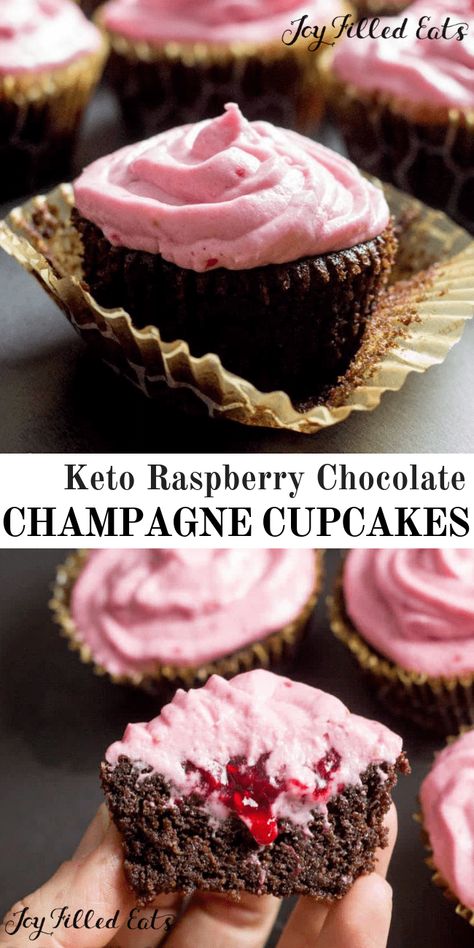 Keto Chocolate Champagne Cupcakes with Raspberry Icing - Low Carb, Grain Free, Sugar Free, THM S - Chocolate Champagne Cupcakes with Raspberry Icing are perfect for New Year's Eve or any other special occasion. There is a hint of champagne in these classic chocolate raspberry cupcakes, just enough to make them extraordinary. #lowcarb #keto #sugarfree #grainfree #glutenfree #cupcakes #champagne #chocolate Keto Raspberry, Low Carb Cupcakes, Keto Cupcakes, Champagne Cupcakes, Postre Keto, Low Carb Muffins, Raspberry Chocolate, Joy Filled Eats, Keto Friendly Desserts