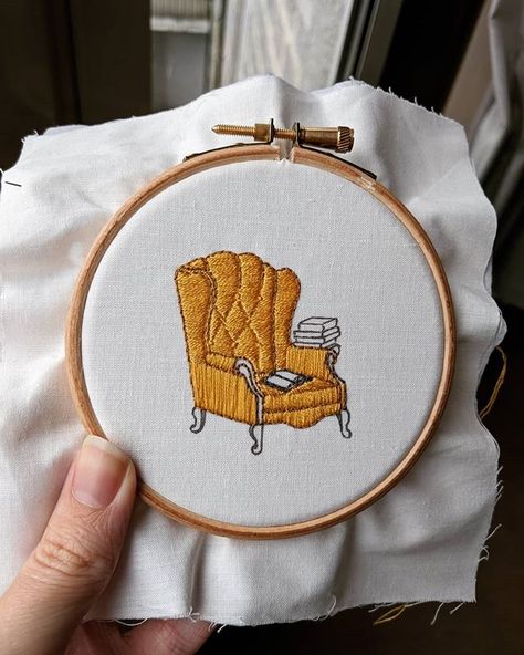 Something about this chair reminds me of Beauty and the Beast 📚 . #wip #embroidery #embroideryart #embroideryartist #handembroidery… Chair Embroidery, Bookshelf Embroidery, Cross Stitch Chair, Beauty And The Beast Embroidery Pattern, Van Gogh Embroidery Simple, Wool Art, Learn Embroidery, Needle Arts, Modern Embroidery