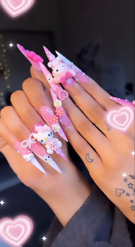 Hello Kitty Nail, Kitty Nail, Halloween Acrylic Nails, Punk Nails, Long Acrylic Nails Coffin, Really Cute Nails, Acrylic Nails Coffin Pink, Long Square Acrylic Nails, Unique Acrylic Nails