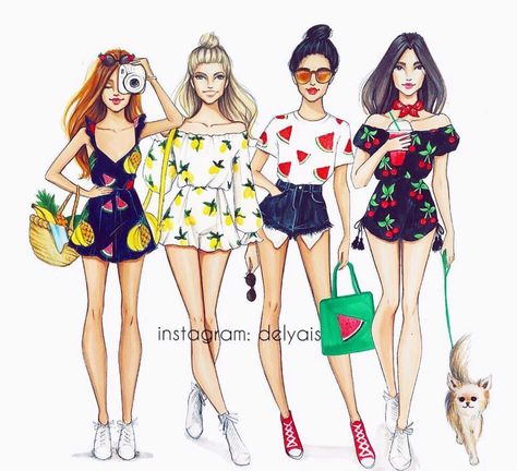 Bananas n pineapples , lemons , watermelons , or cherries ? Which outfit are you?| #Summer #FashionIllustrations @delyais| Be Inspirational ❥|Mz. Manerz: Being well dressed is a beautiful form of confidence, happiness & politeness Social Media Drawings, Social Media Art, Best Friend Drawings, Bff Drawings, Drawings Of Friends, Fashion Illustration Sketches, Dress Drawing, Fashion Design Drawings, Fashion Design Sketches