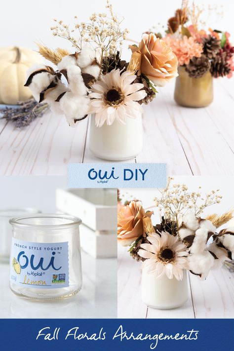 Reuse Oui by Yoplait glass pots for fall flowers. Perfect for table decorations, parties or every day. Mason Jar Ring Crafts Canning Lids, Oui Yogurt Jars Ideas Flowers, Oui Yogurt Jars Ideas Wedding, Oui Crafts, Oui Yogurt Jars Ideas, Storage Bin Ideas, Oui Jars, Decoration For Table, Oui Yogurt