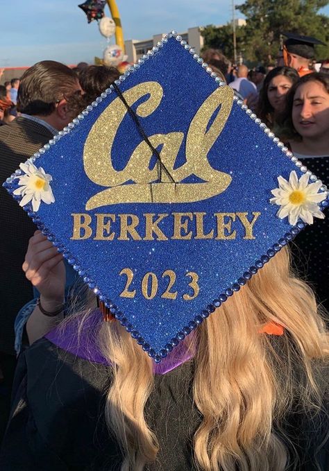 UC Berkeley graduation cap!! Berkeley Cap Decoration, Cal Poly Grad Cap, Ucsd Grad Cap, Uc Davis Grad Cap, Berkeley Grad Cap, Berkley University Aesthetic, Graduation Cap College Designs, Berkeley University Aesthetic, Uc Berkeley Aesthetic