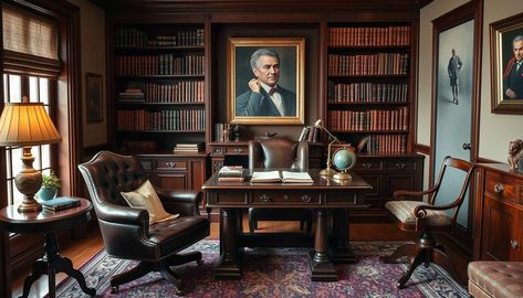 What Is a Classic Gentleman’s Home Office? Madmen Office Decor, Fairytale Interior, Home Office With Sofa, Masculine Office, Classic Gentleman, Executive Home Office, Board And Batten Wall, Beautiful Library, Office Sofa