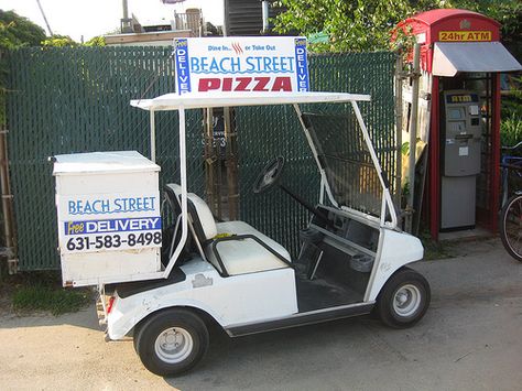 No motorized vehicles? No problem. Pizza delivery via golf cart, on Fire Island, New York Golf Cart Concession Stand, Golf Cart Food Cart, Golf Cart Ice Cream Truck, Shirt Upcycle, House Community, Zoo Keeper, Fire Island, Pizza Delivery, Concession Stand