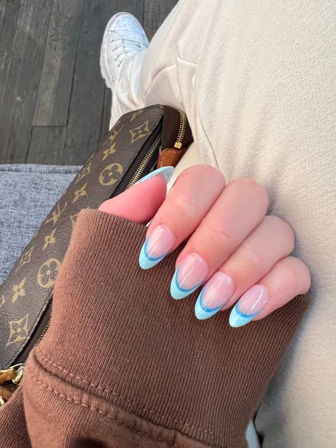 French Tip With 2 Colors, Pastel Blue French Tips, Blue French Tip With White Outline, Light Blue And Dark Blue French Tip Nails, Hoco Nails Acrylic Blue, Light Blue And Dark Blue French Tips, Double French Nails Blue, Light And Dark Blue French Tip Nails, Blue Tip French Nails