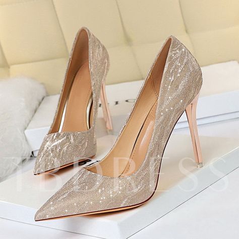 Slip-On Thread Stiletto Heel Pointed Toe Pumps Champagne Heels, Sparkly High Heels, Wedding Shoes High Heels, Sparkly Pumps, Basic Heels, Silver Pumps, Bridesmaid Shoes, Womens Shoes High Heels, Stiletto Pumps