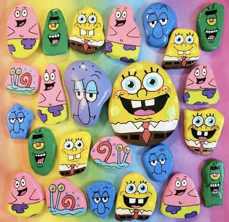 Squidward Rock Painting, Patrick Star Rock Painting, Spongebob Painted Rocks, Painted Rock Characters, Barbie Painted Rocks, Spongebob Rock Painting, Painted Shark Rock, Tombola Ideas, Painted Rocks Ideas Creative