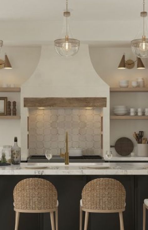 Spanish Range Hood, Limestone Hood Kitchen, Modern Spanish Lighting, Mediterannean Kitchen, Plaster Vent Hood Ideas, Stucco Vent Hood, Modern Spanish Style Kitchen, Spanish Modern Kitchen, Modern Spanish Kitchen