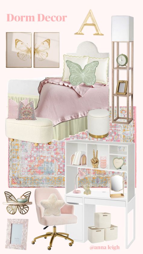 This single dorm room features gold accents, butterfly decor, and pink accents! #dorm #dormdecor #pinkdormdecor Girls Bedroom Organization, Light Pink Rooms, Gold Girls Room, Single Dorm Room, Pink Dorm Rooms, Fancy Bedroom, Pink Dorm, Dorm Room Designs, Dorm Room Ideas