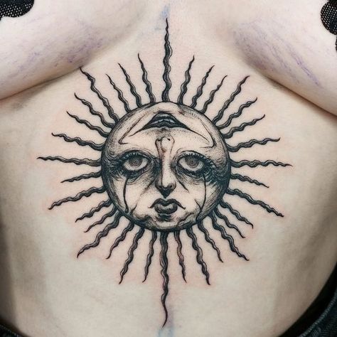 Woman And Sun Tattoo, Womens Cover Up Tattoos, Goth Sun Tattoo, Blackwork Eye Tattoo, Gothic Lady Tattoo, Sun And Moon Skull Tattoo, Creepy Sun And Moon Tattoo, Gothic Sun And Moon Tattoo, Blackwork Sun Tattoo